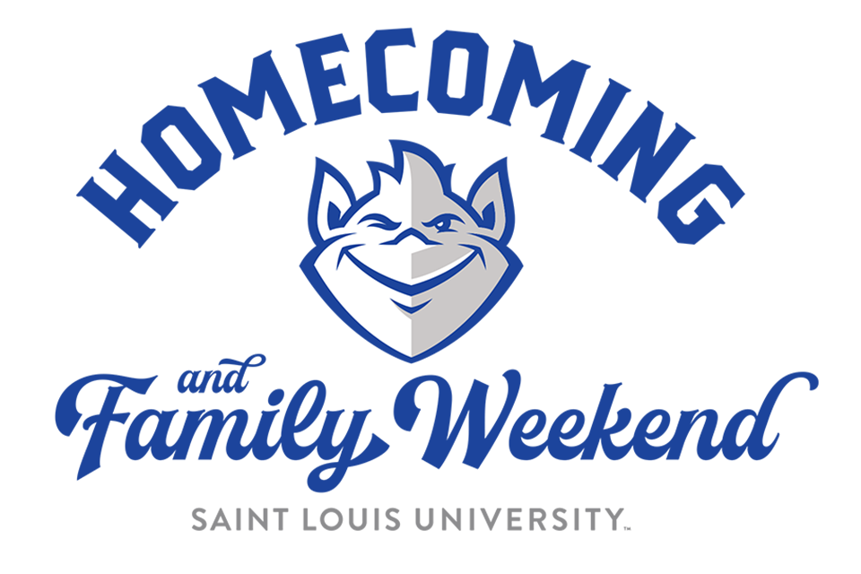 Logo reading Sant Louis University Homecoming and Family Weekend with an image of the Billiken