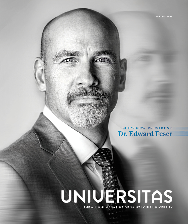 The cover of the 2026 issue of Universitas magazine, with an image of Edward Feser that says SLU's new president Dr. Edward Feser.