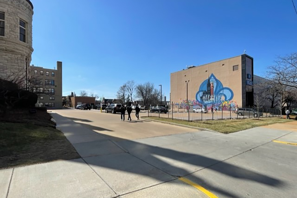 Morrissey Hall Exterior Morrissey Hall and John Carroll parking lot with the colorful mural visible.