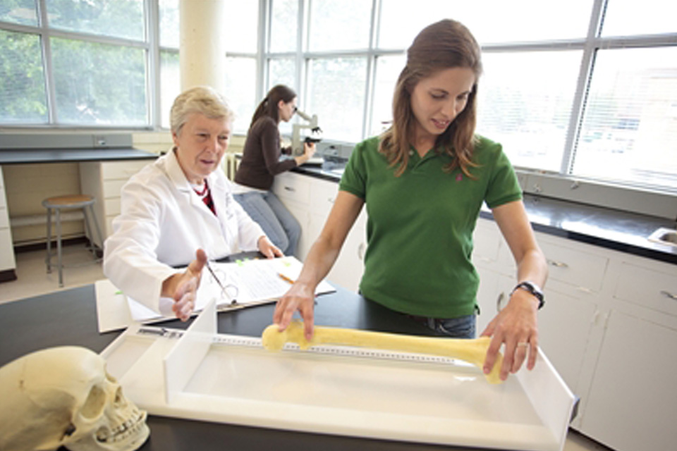 Forensic Science Lab A student measures a bone in a lab while a professor supervises. In the background, a student looks into a microscope.