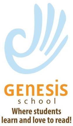Genesis School logo an abstract dove design above the slogan Where Students Learn and Love to Read