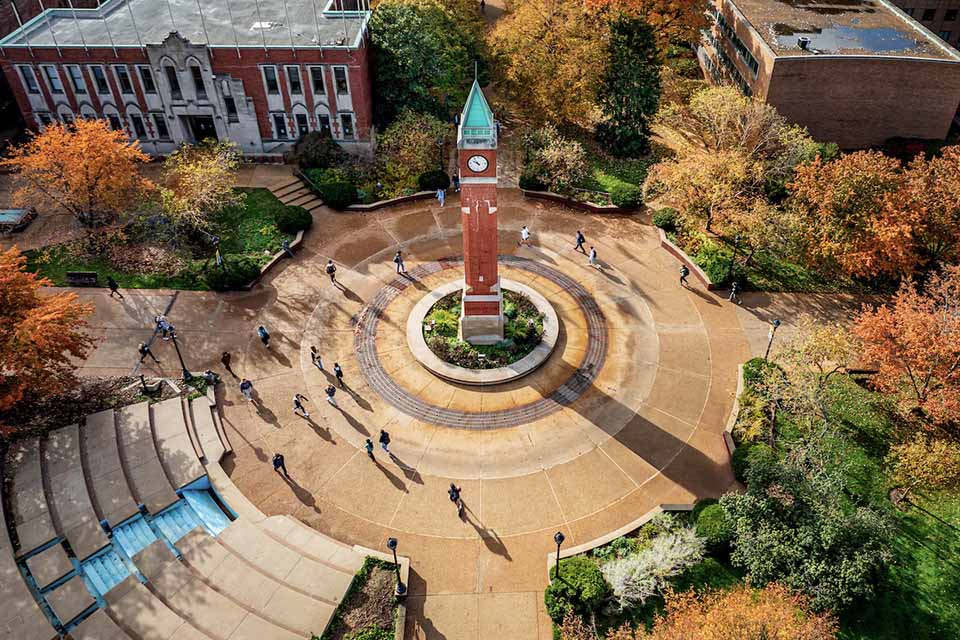 Clock Tower Plaza on SLU's campus from above.