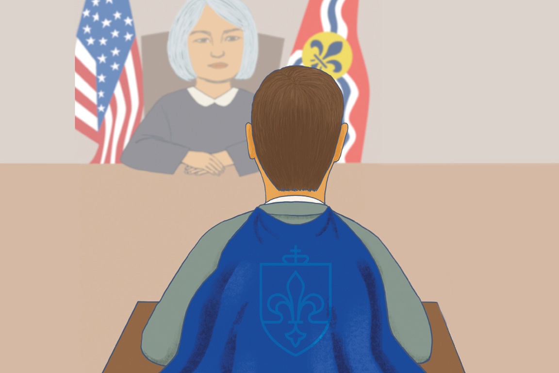 Illustration: SLU LAW alumnus in cape advocates before a judge in a courtroom