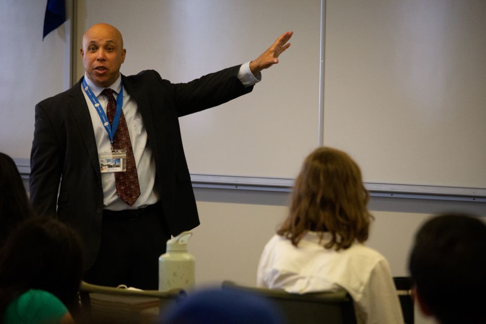 Professor Michael Duff, the director of the Wefel Center for Employment Law, teaches at in the classroom at Scott Hall Professor Michael Duff teaches at the whiteboard in Scott Hall