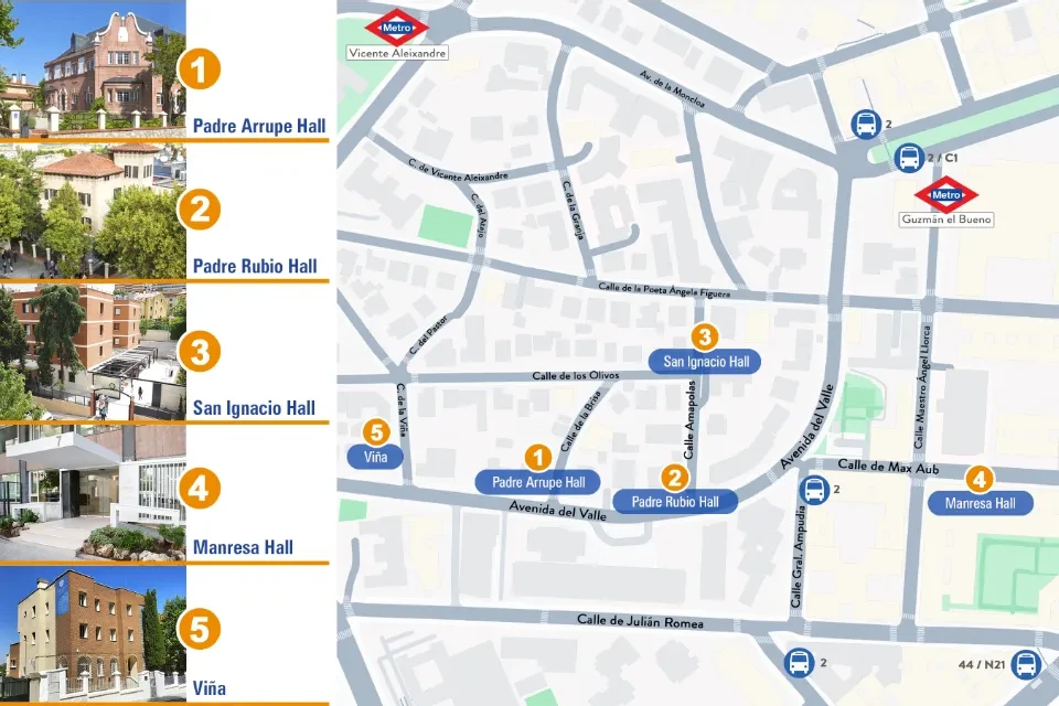 Map showing the the locations of Padre Arrupe Hall and Padre Rubio Hall on Avenida del Valle; San Ignacio Hall on Calle de las Amapolas, and Manresa Hall on Calle de Max Aub.