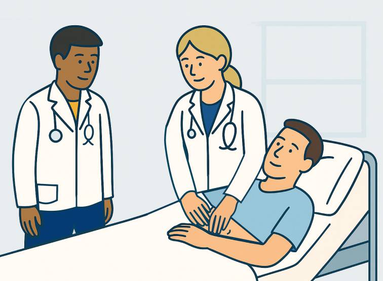 An image of a physician palpating a patient in a clinical bed while a medical learner observes