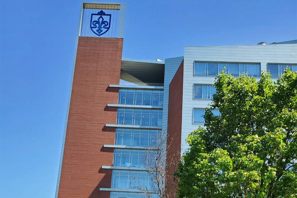 Photo of the new Fleur di Lis shield on Doisy Hall External image of Doisy Hall with new Fleur di Lis shield