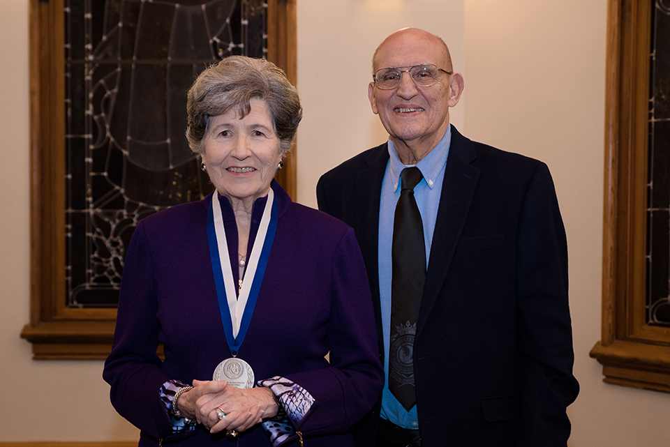 Patricia Monteleone, M.D., Dean Emerita of Saint Louis University School of Medicine and James A. Monteleone, M.D., professor emeritus of pediatrics, at the 2018 investiture ceremony for the inaugural Drs. James and Patricia Monteleone Chair in Pediatric Gastroenterology. SLU Photo.