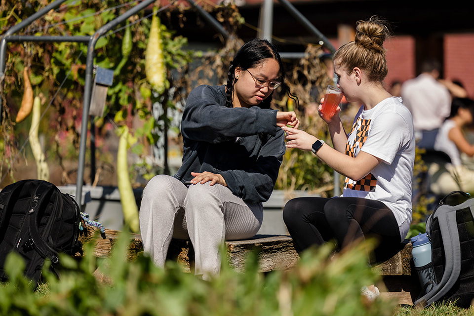 SLU students sharing food at Food Day. Two students sit on a bench outdoors. One student sips on a beverage while holding up a piece of food to share with her neighbor.